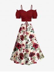 Ensemble assorti Hawaï à imprimé fleurs et feuilles grandes tailles - Rouge foncé 