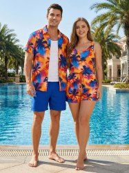 Matching Hawaii Shirt and Romper Beach Outfit Coconut Tree Tie Dye Printed for Couples -  