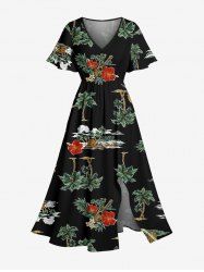 Robe mi-longue hawaïenne fendue à imprimé tête de mort, cocotier et fleurs, grande taille - Noir 4X