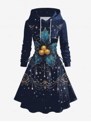 Robe à capuche grande taille à imprimé houx, feuilles de fruits, étoiles et pompons, lacée et à cordon de serrage - Noir 1X