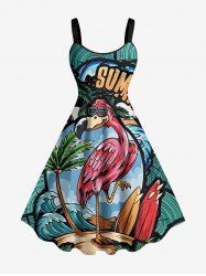 Robe trapèze hawaïenne grande taille à imprimé cocotiers, flamants roses et vagues - Vert profond 5X