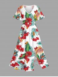 Plus Size Flowers Tropical Leaf Print Split Hawaii Midi Dress -  