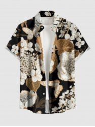 Plus Size Flower Leaf Butterfly Print Hawaii Button Pocket Shirt For Men -  