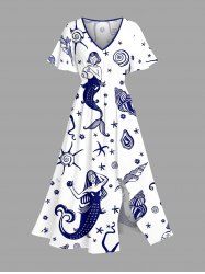Robe midi trapèze grande taille à imprimé coquillage sirène et conque, style hawaïen, avec poches fendues - Blanc XXS