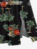 Robe mi-longue hawaïenne fendue à imprimé tête de mort, cocotier et fleurs, grande taille - Noir 4X