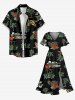 Robe mi-longue hawaïenne fendue à imprimé tête de mort, cocotier et fleurs, grande taille - Noir 4X