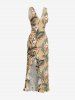 Robe hawaïenne à imprimé tropical fleurs et feuilles, volants et fente cache-cœur - Bronze L