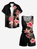 Plus Size Hibiscus Flower Leaf Print Cinched Hawaii Romper -  