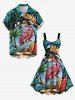 Robe trapèze hawaïenne grande taille à imprimé cocotiers, flamants roses et vagues - Vert profond 5X