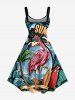 Robe trapèze hawaïenne grande taille à imprimé cocotiers, flamants roses et vagues - Vert profond 5X