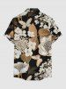 Plus Size Flower Leaf Butterfly Print Hawaii Button Pocket Shirt For Men -  