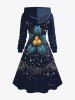 Robe à capuche grande taille à imprimé houx, feuilles de fruits, étoiles et pompons, lacée et à cordon de serrage - Noir 3X