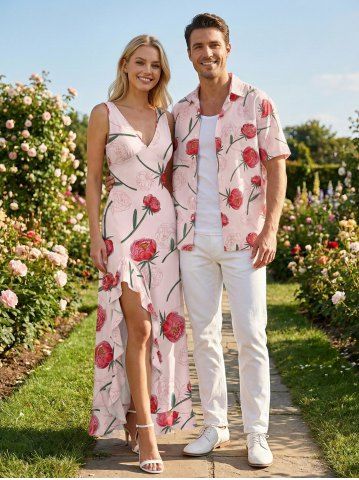 Rose Flower Leaf Print Plus Size Matching Hawaii Beach Outfit For Couples - PINK