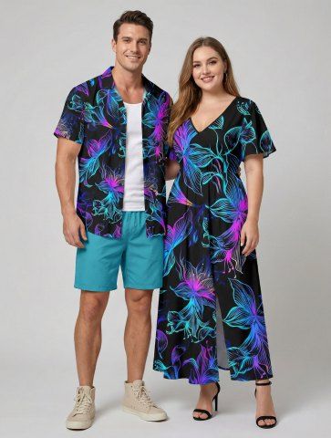 Tenue de plage hawaïenne assortie grande taille à imprimé floral coloré pour couples