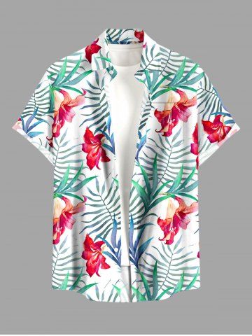 Plus Size Hibiscus Flower Leaf Print Buttons Pocket Hawaii Shirt For Men - GREEN - 5XL