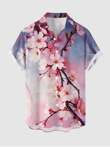 Plus Size Flowers Brach Ombre Print Buttons Pocket Hawaii Shirt For Men - PINK - S
