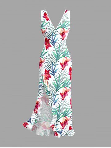 Robe hawaïenne à imprimé de fleurs d'hibiscus et de feuilles, à volants et fente cache-cœur - GREEN - M