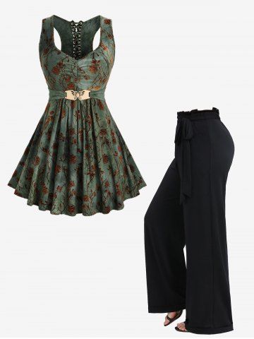 Rose Flowers Flocking Lace Up Tank Top and Ruffles Waist Wide Leg Pants Plus Size Outfit - DEEP GREEN