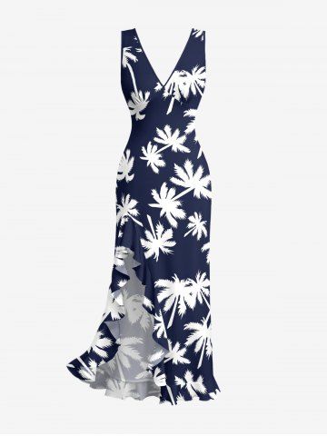 Coconut Tree Print Hawaii Ruffles Split Dress - CADETBLUE - S