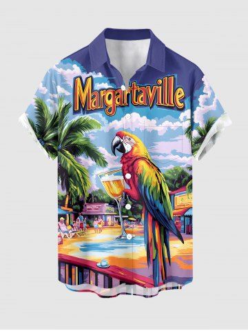 Plus Size Coconut Tree Parrot Resort Area Juice Print Hawaii Button Pocket Shirt For Men - PURPLE - 3XL
