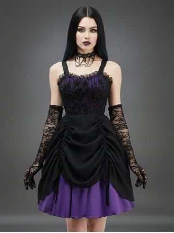 Gothic Rose Flower Lace Panel Chiffon Textured Cinched A Line Tank Dress - BLACK - XL