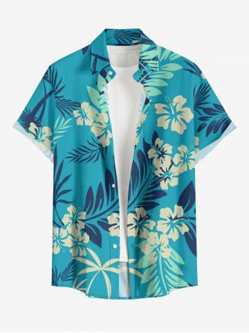 Chemise à poches boutons grande taille pour homme, imprimée de fleurs d'hibiscus et de feuilles tropicales, style hawaïen.