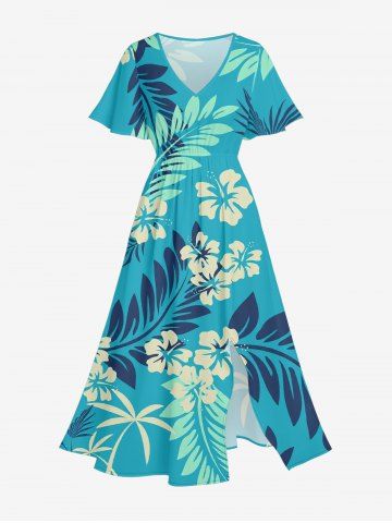 Robe midi trapèze grande taille à imprimé floral tropical et hibiscus, style hawaïen, avec poches fendues - TURQUOISE - L