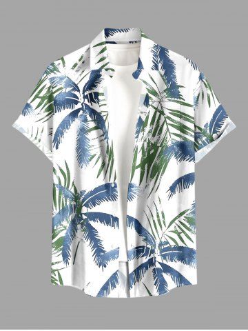Chemise hawaïenne grande taille pour homme, à imprimé tropical de feuilles de cocotiers, boutons et poche. - BLUE - 4XL