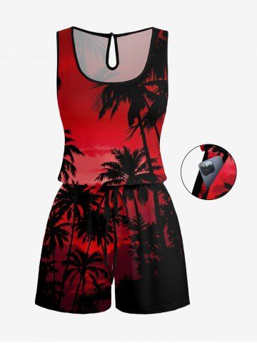 Plus Size Coconut Tree Ombre Sky Print Hawaii Drawstring Pocket Romper - RED - XXS
