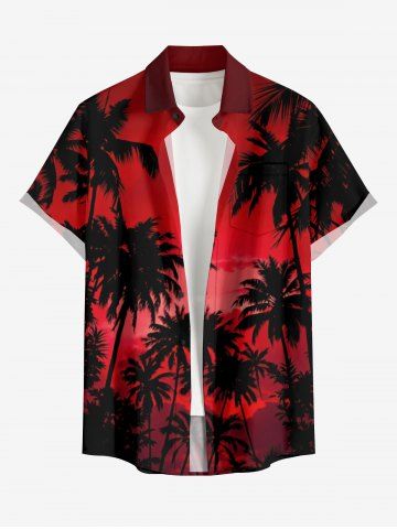 Plus Size Coconut Tree Ombre Sky Print Hawaii Button Pocket Shirt For Men - RED - M