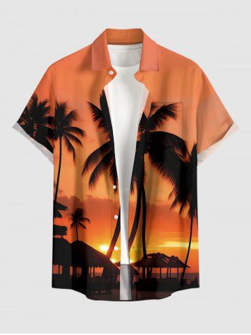 Plus Size Coconut Tree Ombre Dusk Sunset Print Hawaii Button Pocket Shirt For Men - ORANGE - S
