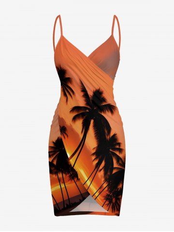 Plus Size Coconut Tree Ombre Dusk Sunset Print Hawaii Convertible Beach Cover Up - ORANGE - L