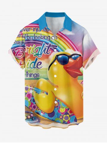 Plus Size Duck Flower Ombre Rainbow Letter Print Hawaii Button Pocket Shirt For Men - YELLOW - 6XL
