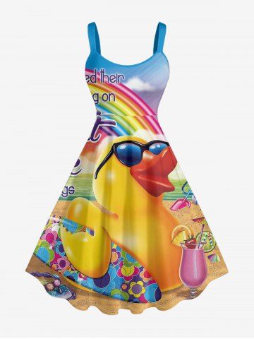 Plus Size Duck Flower Ombre Rainbow Letter Print Hawaii A Line Dress - YELLOW - XS