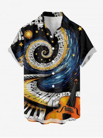 Plus Size Piano Music Symbol Spiral Galaxy Guitar Print Hawaii Button Pocket Shirt For Men - BLACK - S