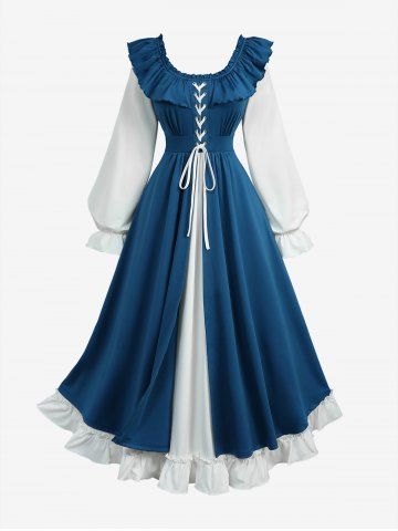 Plus Size Grommets Lace Up Ruched Ruffles Poet Sleeves Dress - DEEP BLUE - 5X | US 30-32