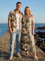 Ensemble de plage hawaïen assorti grande taille à imprimé fleurs et feuilles pour couples - café lumière 
