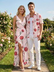 Rose Flower Leaf Print Matching Hawaii Beach Outfit For Couples -  