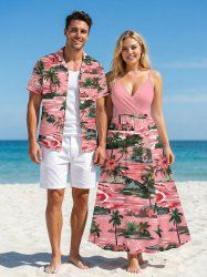Tenue de plage hawaïenne assortie grande taille pour couples, imprimé cocotiers, hibiscus et vagues. - Rose clair 