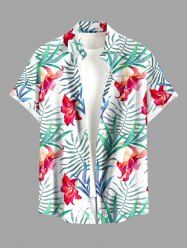 Chemise hawaïenne grande taille pour homme, à imprimé de fleurs d'hibiscus et de feuilles, avec boutons et poche. - Vert 2XL