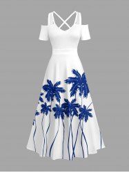 Plus Size Coconut Tree Print Cold Shoulder Crisscross Hawaii Maxi Dress -  