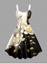 Plus Size Flowers Leaf Colorblock Print Hawaii Tank Dress -  