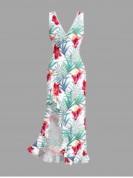 Robe hawaïenne à imprimé de fleurs d'hibiscus et de feuilles, à volants et fente cache-cœur - Vert XS
