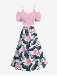 Hibiscus Flower Tropical Leaf Print Plus Size Hawaii Matching Set -  