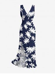 Robe hawaïenne à imprimé cocotiers et à volants fendue - Cadetblue XXXL