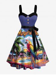 Coconut Tree Parrot Resort Area Juice Print Hawaii Button A Line Dress with Removable Belt -  