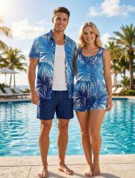Matching Hawaii Shirt and Romper Beach Outfit Tropical Leaf Printed for Couples -  