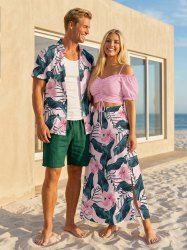 Hibiscus Flower Tropical Leaf Print Matching Hawaii Beach Outfit For Couples -  