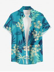 Chemise à poches boutons grande taille pour homme, imprimée de fleurs d'hibiscus et de feuilles tropicales, style hawaïen. - Turquoise L