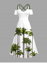 Plus Size Coconut Tree Print Cold Shoulder Crisscross Hawaii Maxi Dress -  